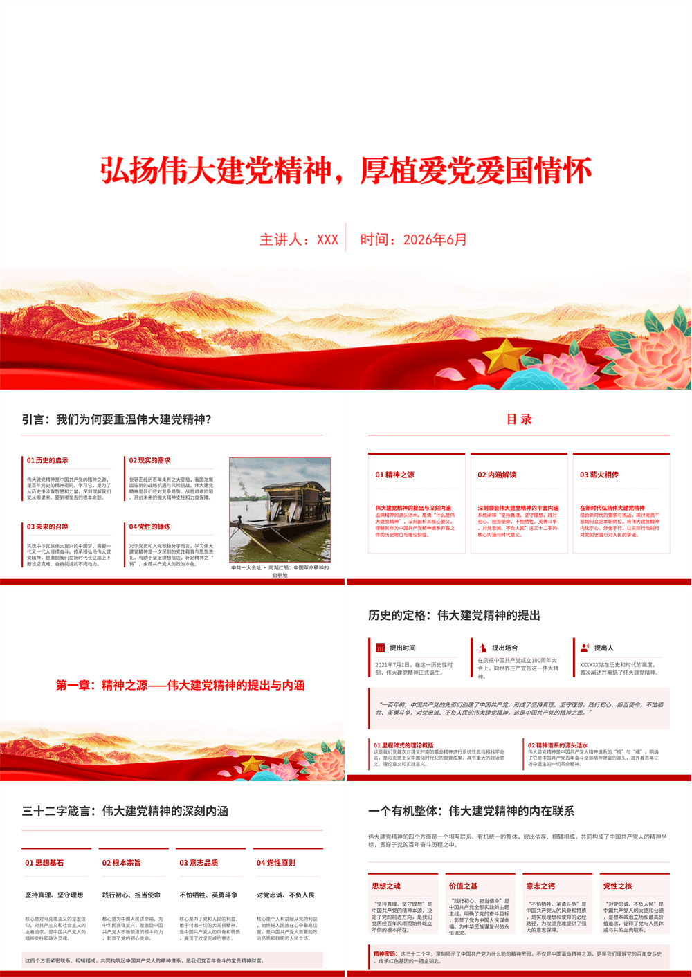 党课PPT 弘扬伟大建党精神，厚植爱党爱国情怀 第1张